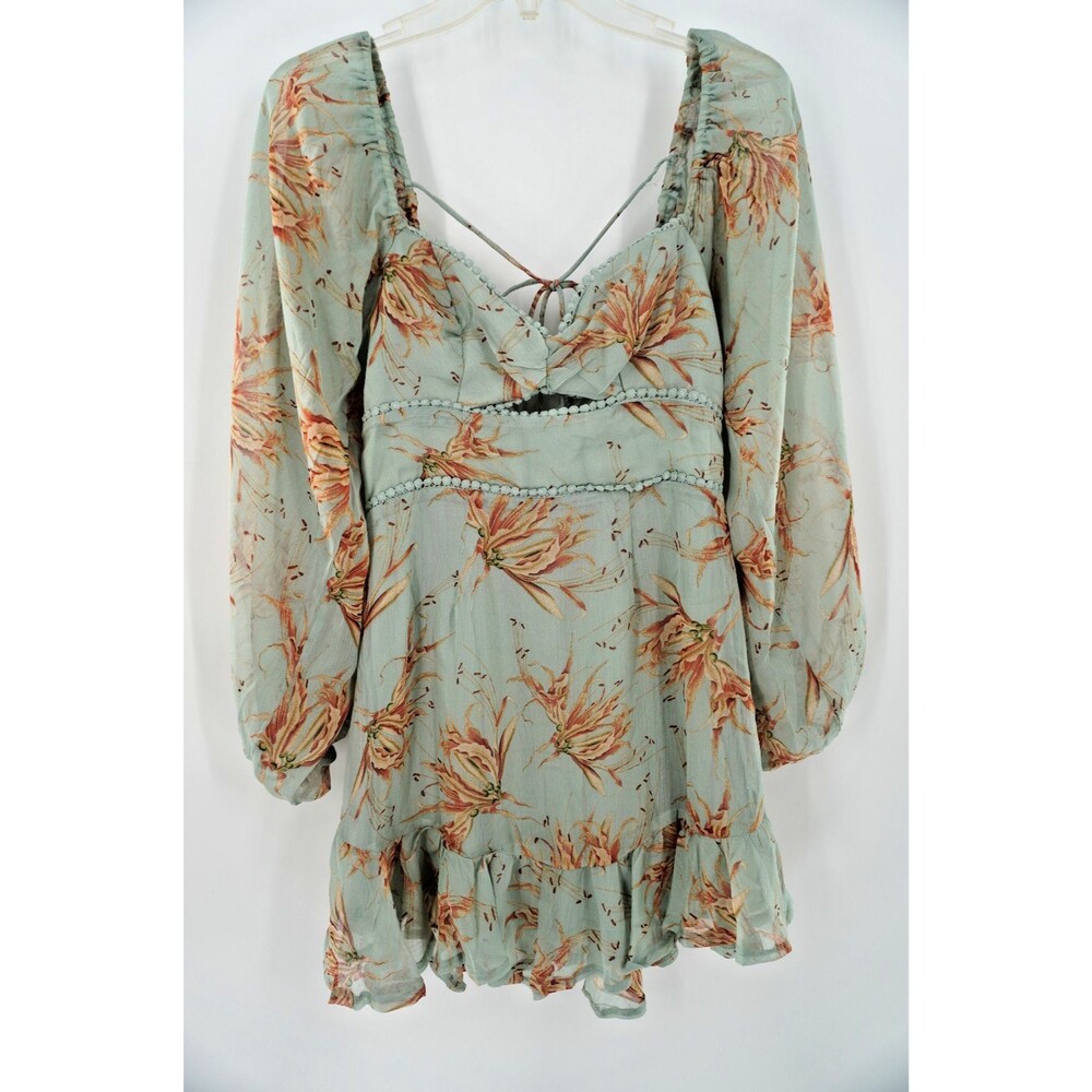 Hello Molly Sage Green Floral Cutout Mini Dress Lace Trim Ruffle Hem Women's US4 - Picture 3 of 9